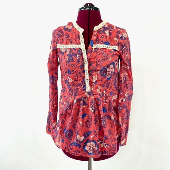 Maeve Anthropologie Abella Floral Butterfly Blouse Size 2 Roll Tab Long Sleeve - Picture 1 of 8